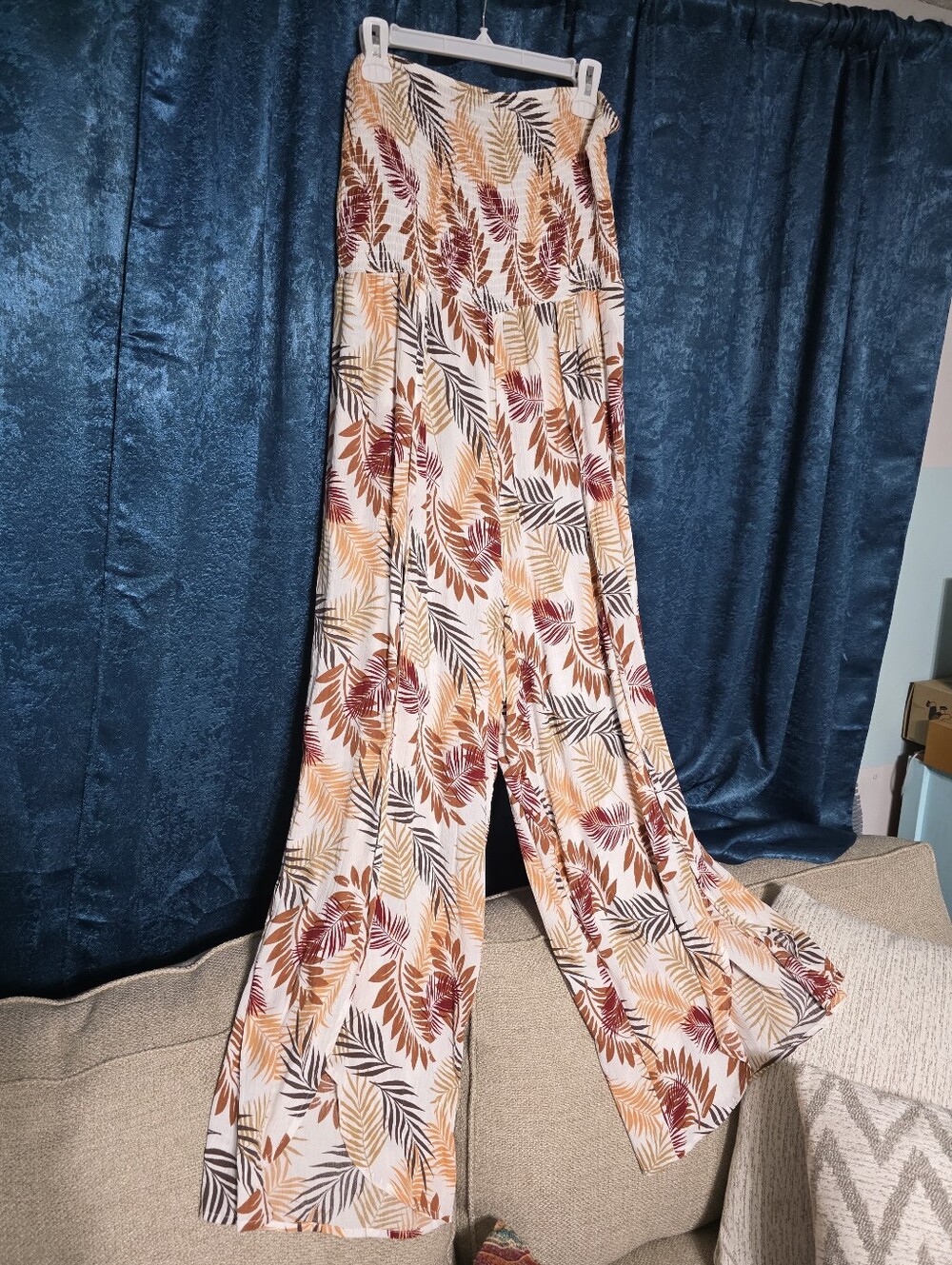 Justify Wide-Leg Tropical Print Pants in Cream, Rust & Mustard